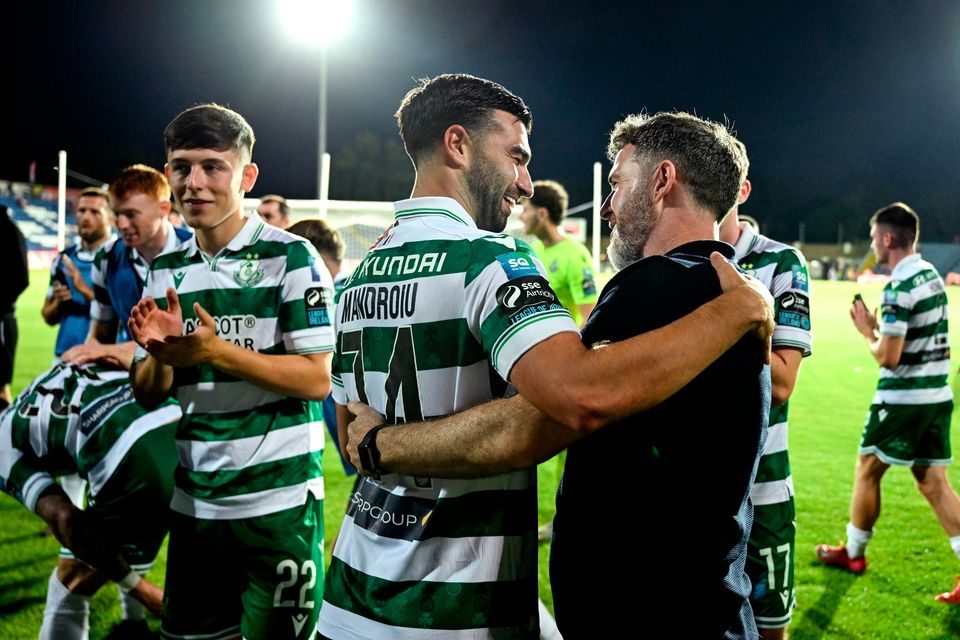 Shamrock Rovers manager Stephen Bradley, right, and Danny Mandroiu after their side