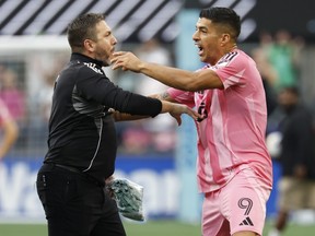 Luis Suárez of Inter Miami CF argues after the Leagues Cup Final match between Seattle Sounders and Inter Miami CF at Lumen Field.