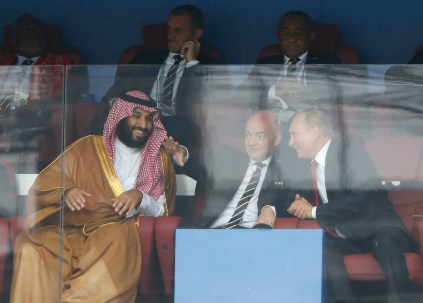 Saudi Arabia Crown Prince Mohammed bin Salman, FIFA President Gianni Infantino, and Russian President Vladimir Putin watched the opening match of the 2018 World Cup in Moscow together.